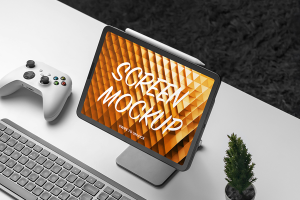 Free Tablet with Accessories Mockup PSD Template
