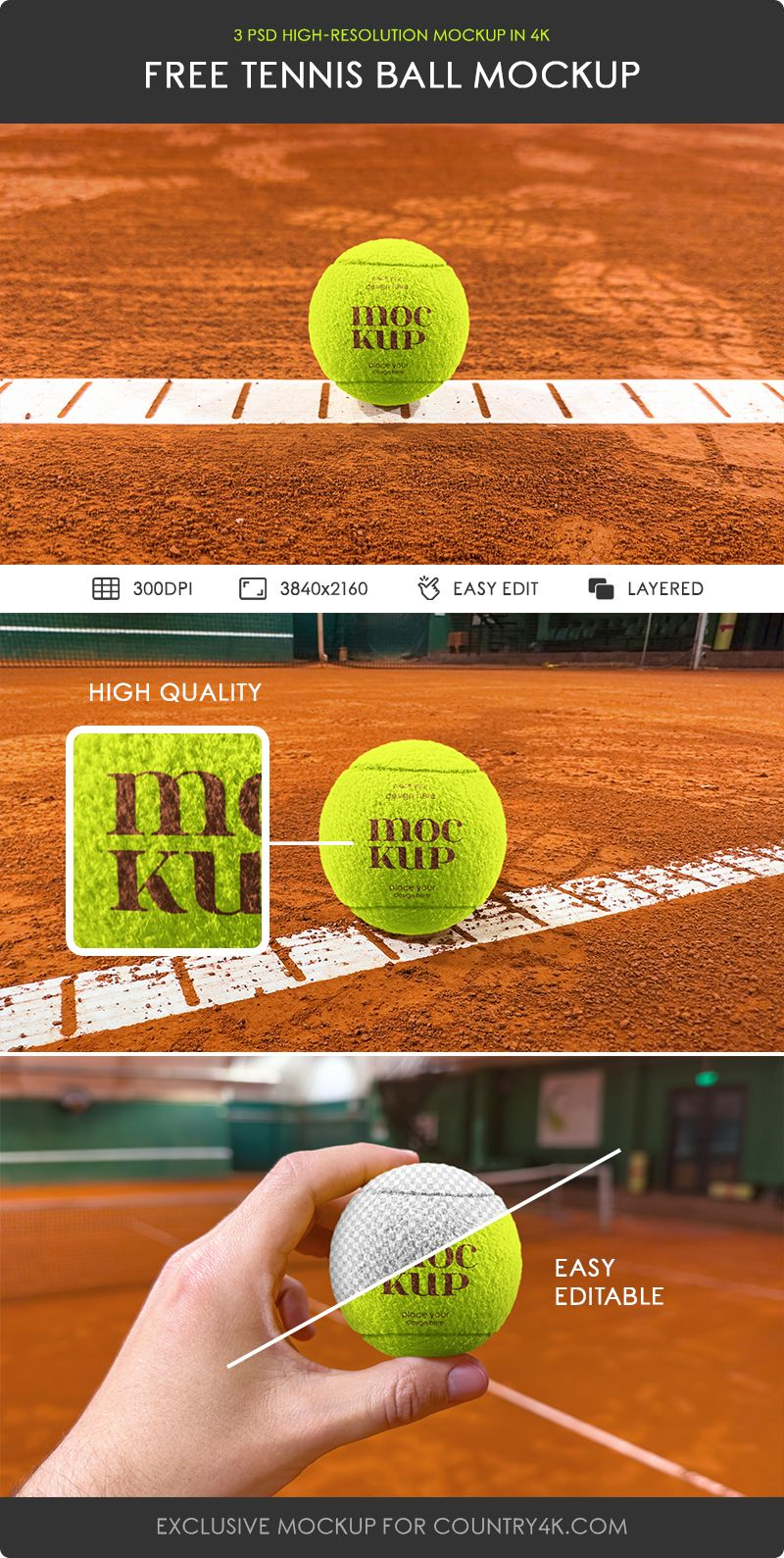 Free Tennis Ball 3 Mockups PSD Template
