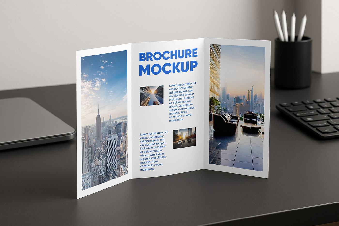 Free Trifold Brochure on Desk Mockup PSD Template
