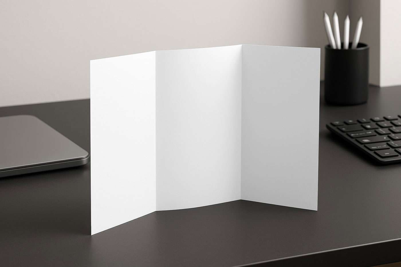 Free Trifold Brochure on Desk Mockup PSD Template