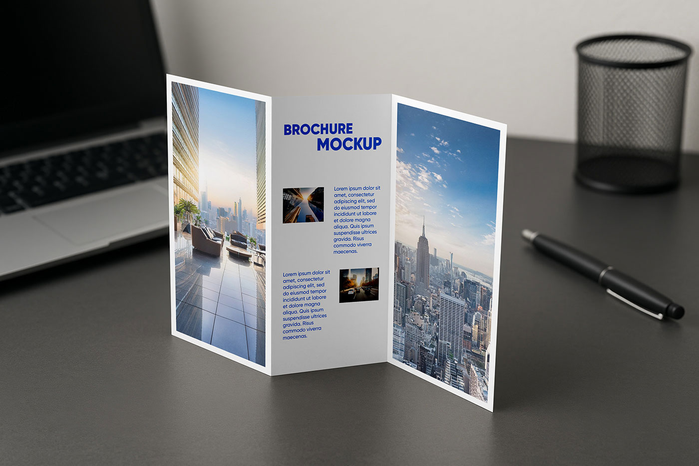 Free Trifold Standing Brochure Mockup PSD Template
