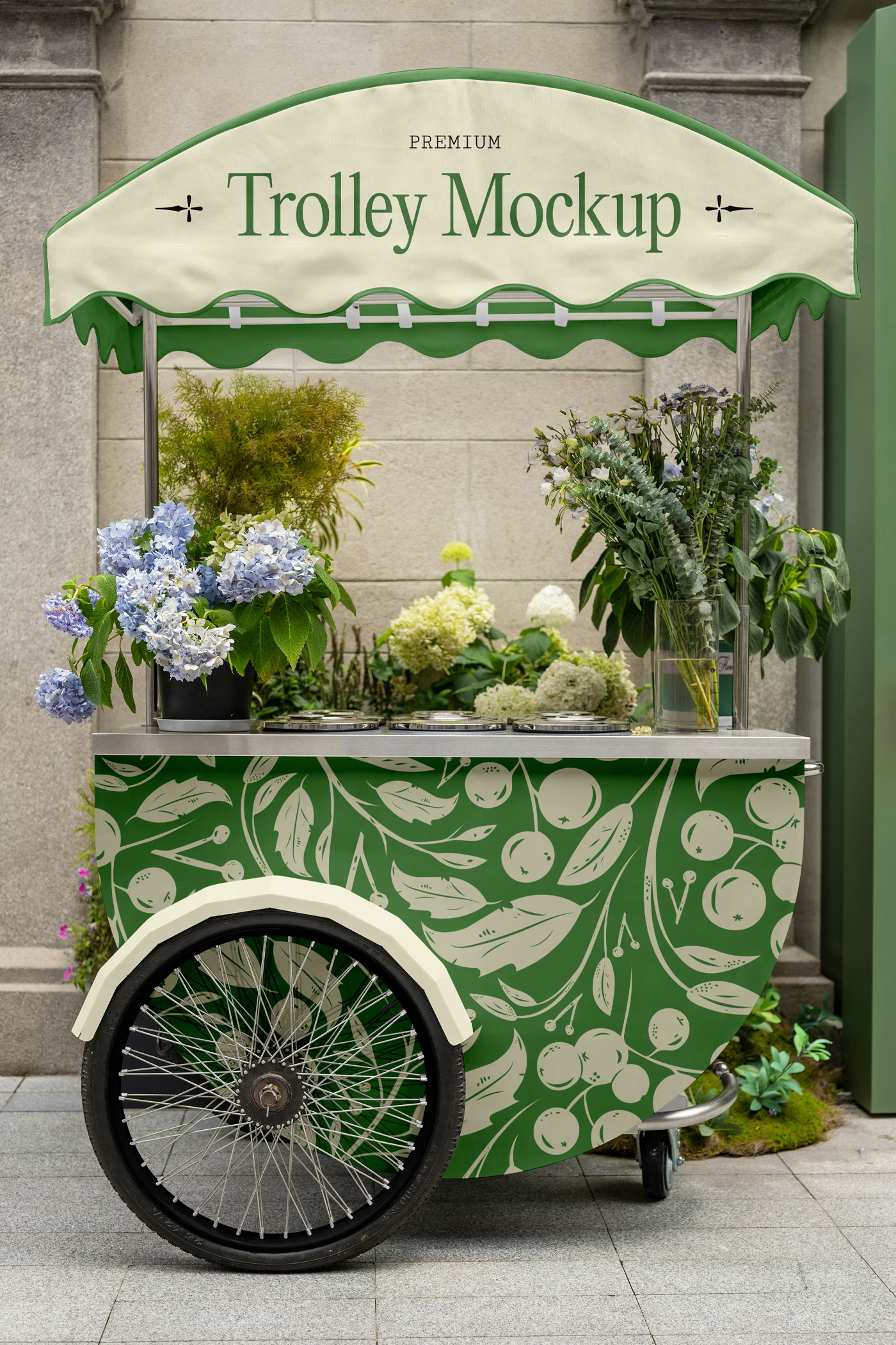 Free Trolley with Flowers Mockup PSD Template