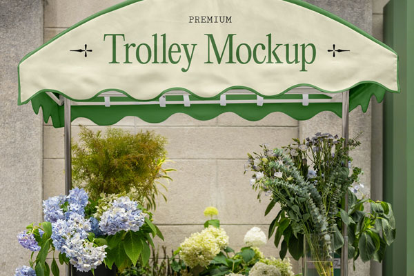Free Trolley with Flowers Mockup PSD Template