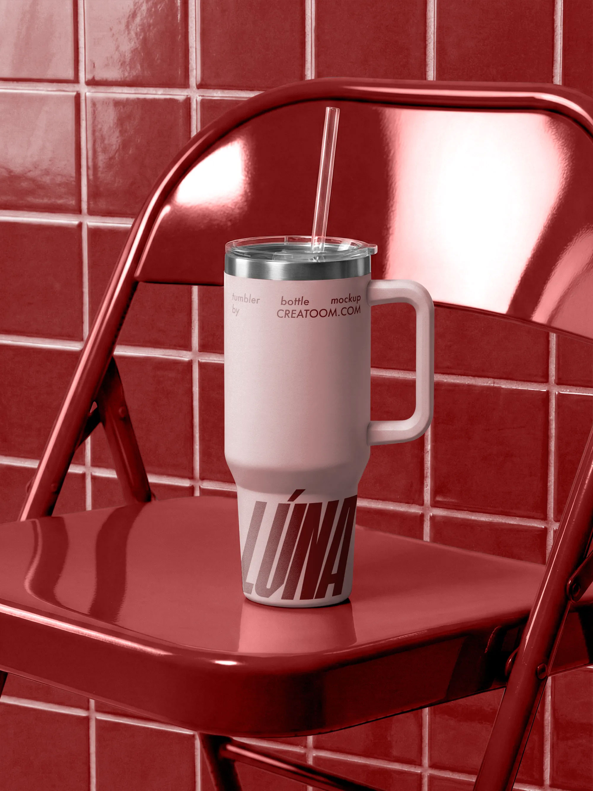 Free Tumbler Bottle Mockup on Metalic Chair PSD Template