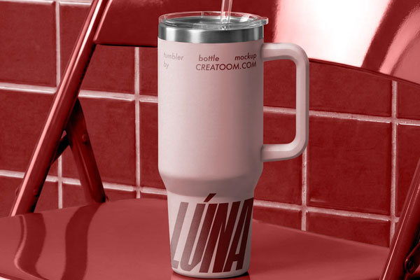 Free Tumbler Bottle Mockup on Metalic Chair PSD Template
