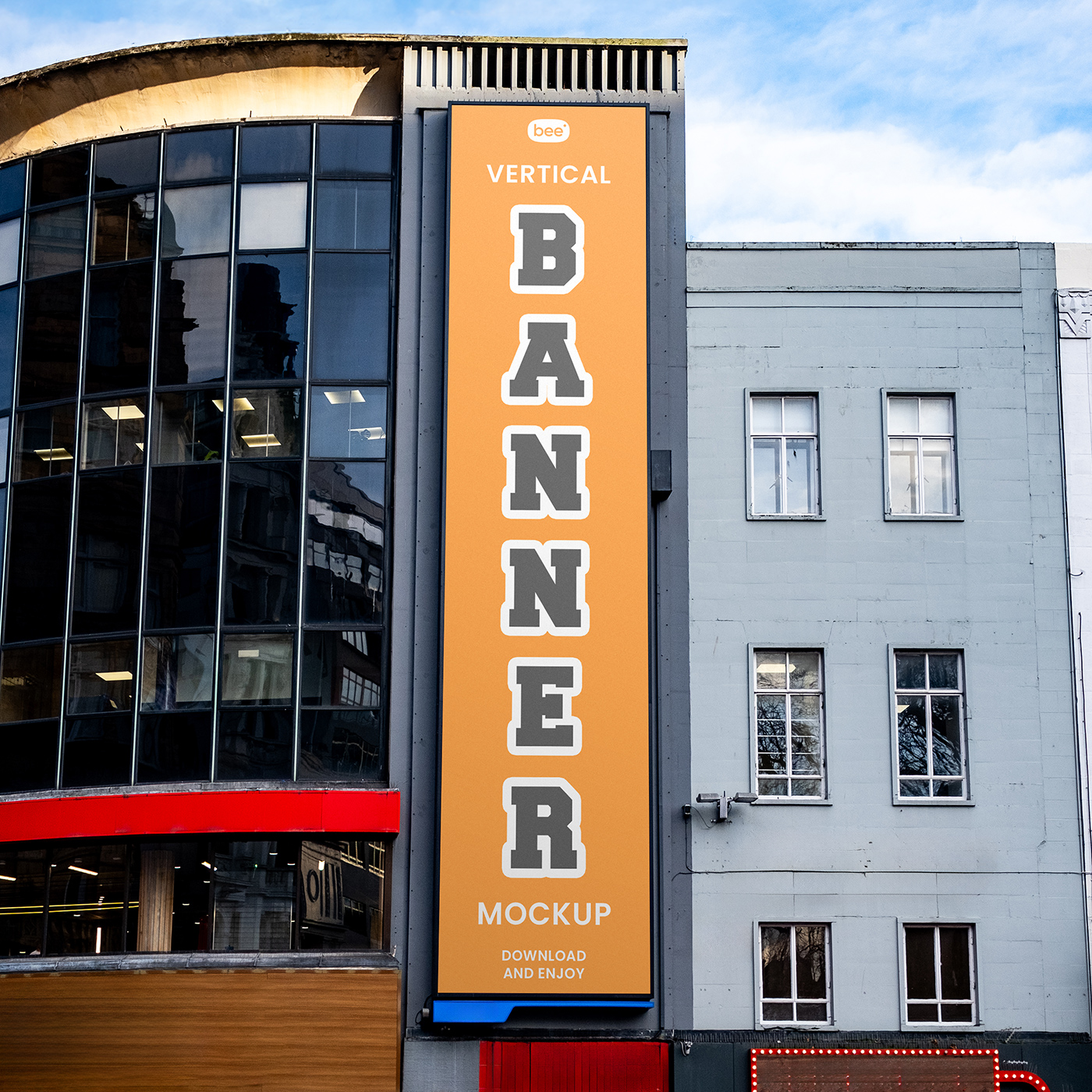 Free Vertical Banner in City Mockup PSD Template
