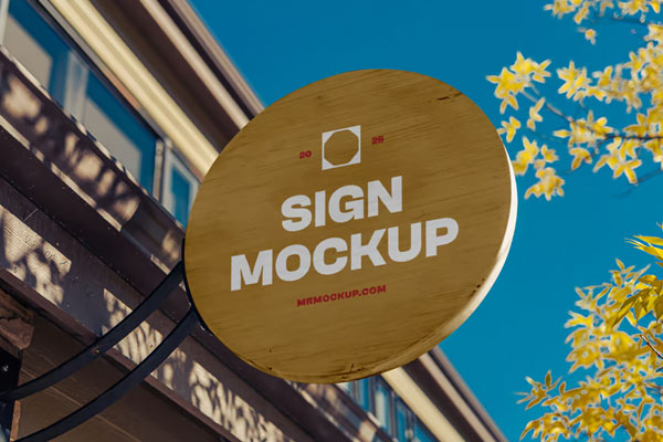 Free Wooden Round Sign Mockup PSD Template