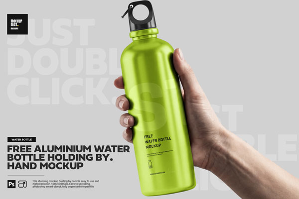 Free Aluminium Water Bottle Holding Hand Mockup PSD Template