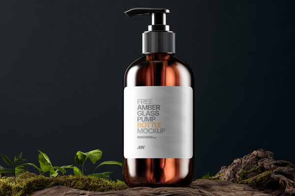 Free Amber Pump Bottle Mockup on Wood PSD Template