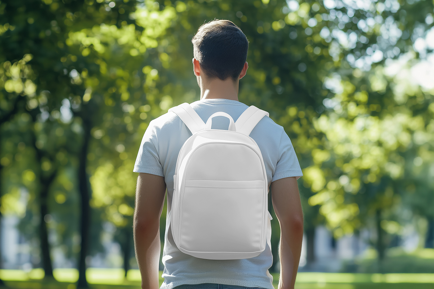 Free Backpack in Park Mockup PSD Template
