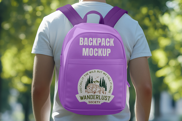 Free Backpack in Park Mockup PSD Template