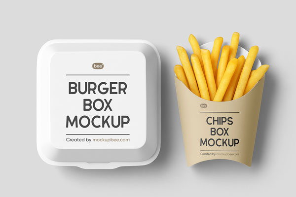 Free Burger Box with Chips Mockup PSD Template