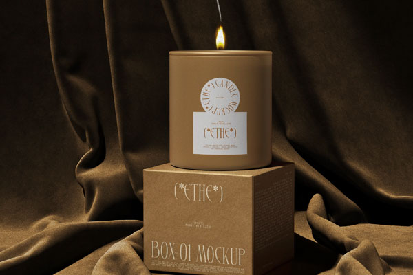 Free Candle and Box Mockups with Curtains PSD Template
