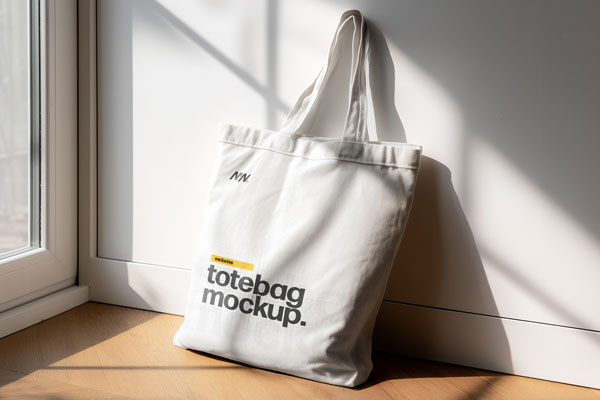 Free Canvas Bag Mockup Beside Window PSD Template