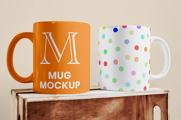Free Ceramic Mug on Wooden Box Mockups PSD Template