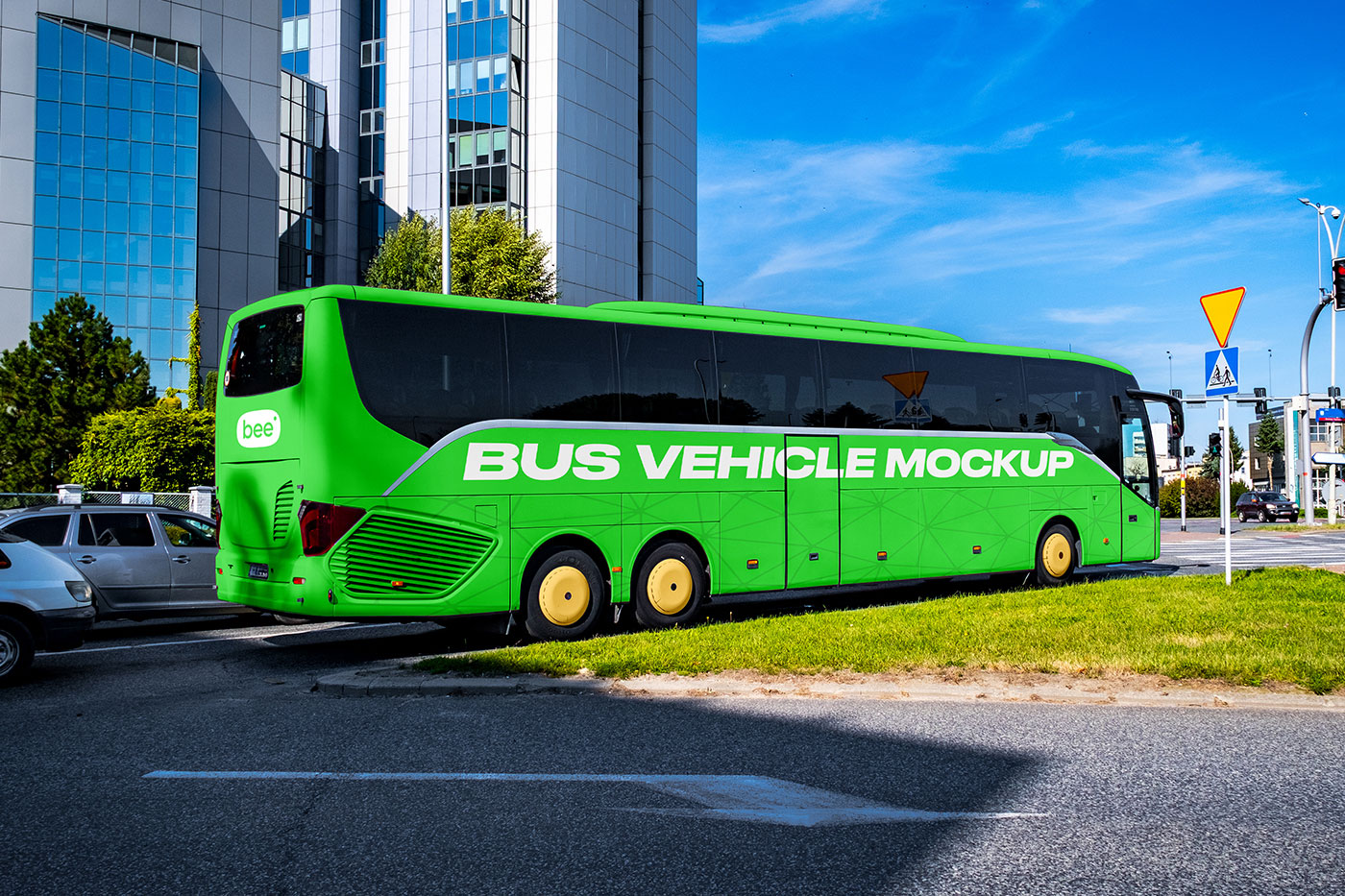 Free Coach Bus on Streets Mockup PSD Template