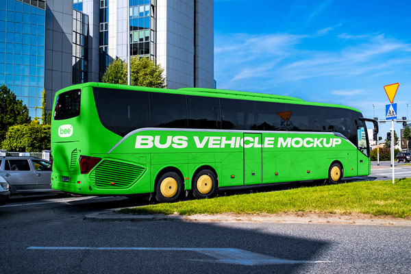 Free Coach Bus on Streets Mockup PSD Template