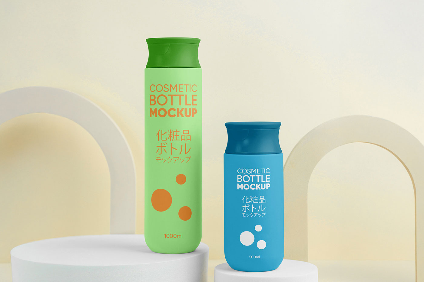Free Cosmetic Bottles on Stand Mockup PSD Template