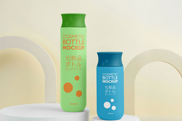 Free Cosmetic Bottles on Stand Mockup PSD Template