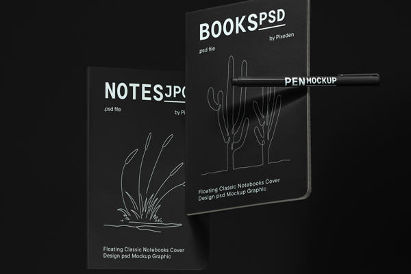 Free Floating Classic Notebooks Cover Mockup PSD Template