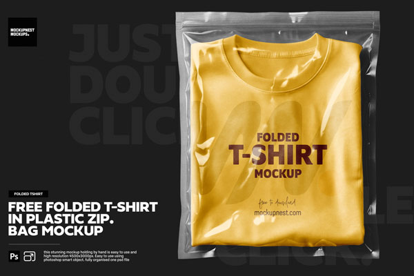 Free Folded T-shirt in Plastic Zip Bag Mockup PSD Template