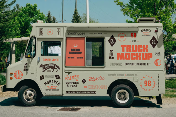 Free Front View Food Truck Mockup PSD Template