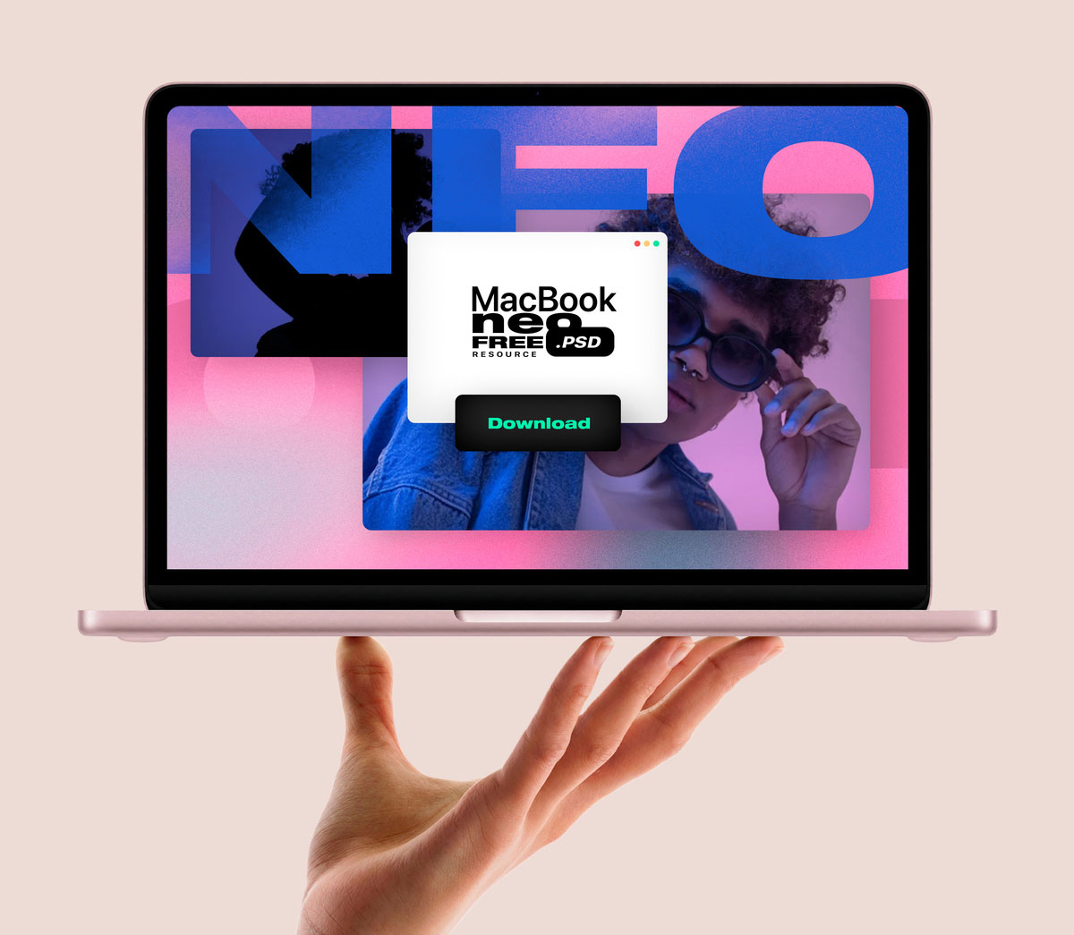 Free Hand Held MacBook Neo Mockup PSD Template