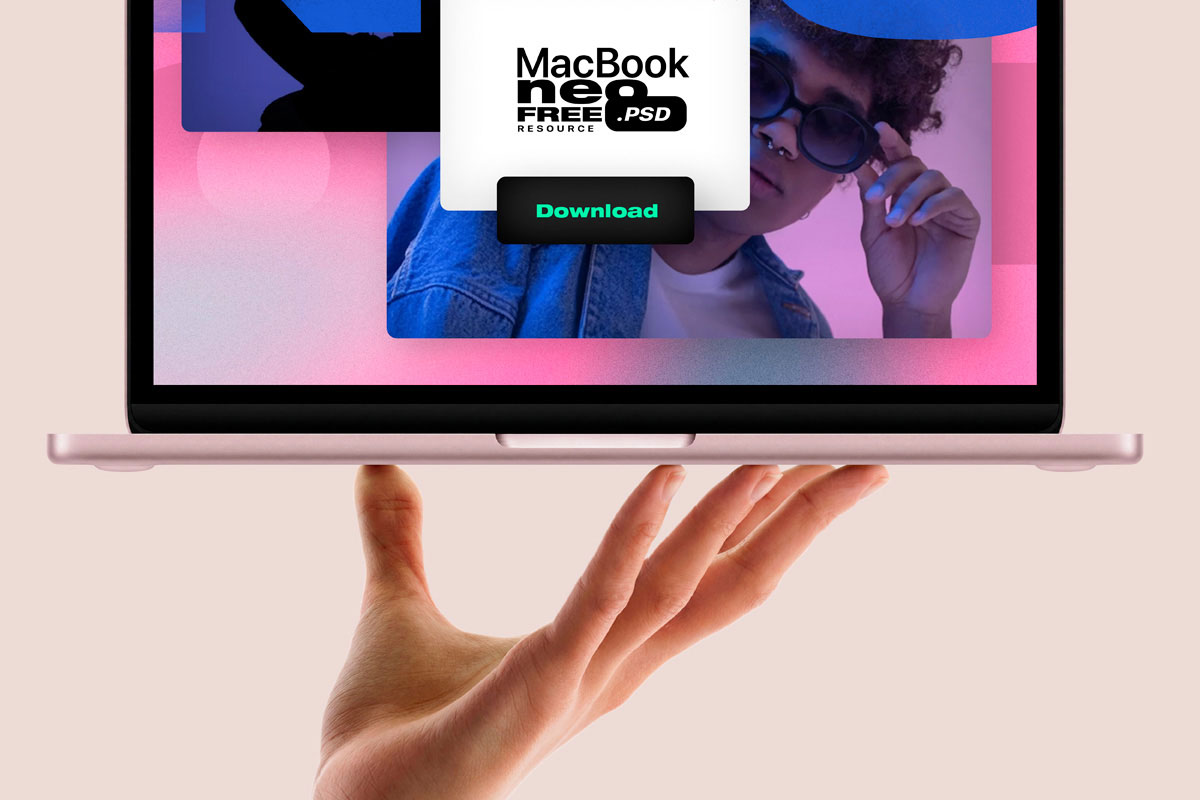 Free Hand Held MacBook Neo Mockup PSD Template