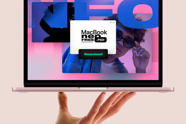 Free Hand Held MacBook Neo Mockup PSD Template