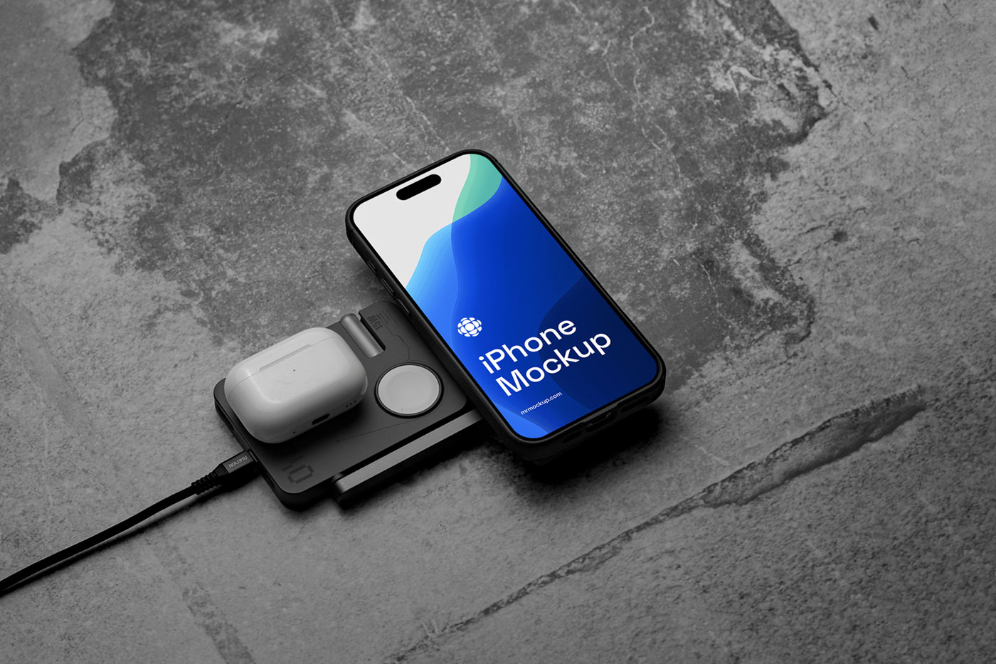 Free iPhone Pro with Charger Mockup PSD Template