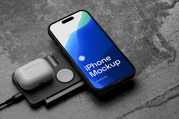 Free iPhone Pro with Charger Mockup PSD Template