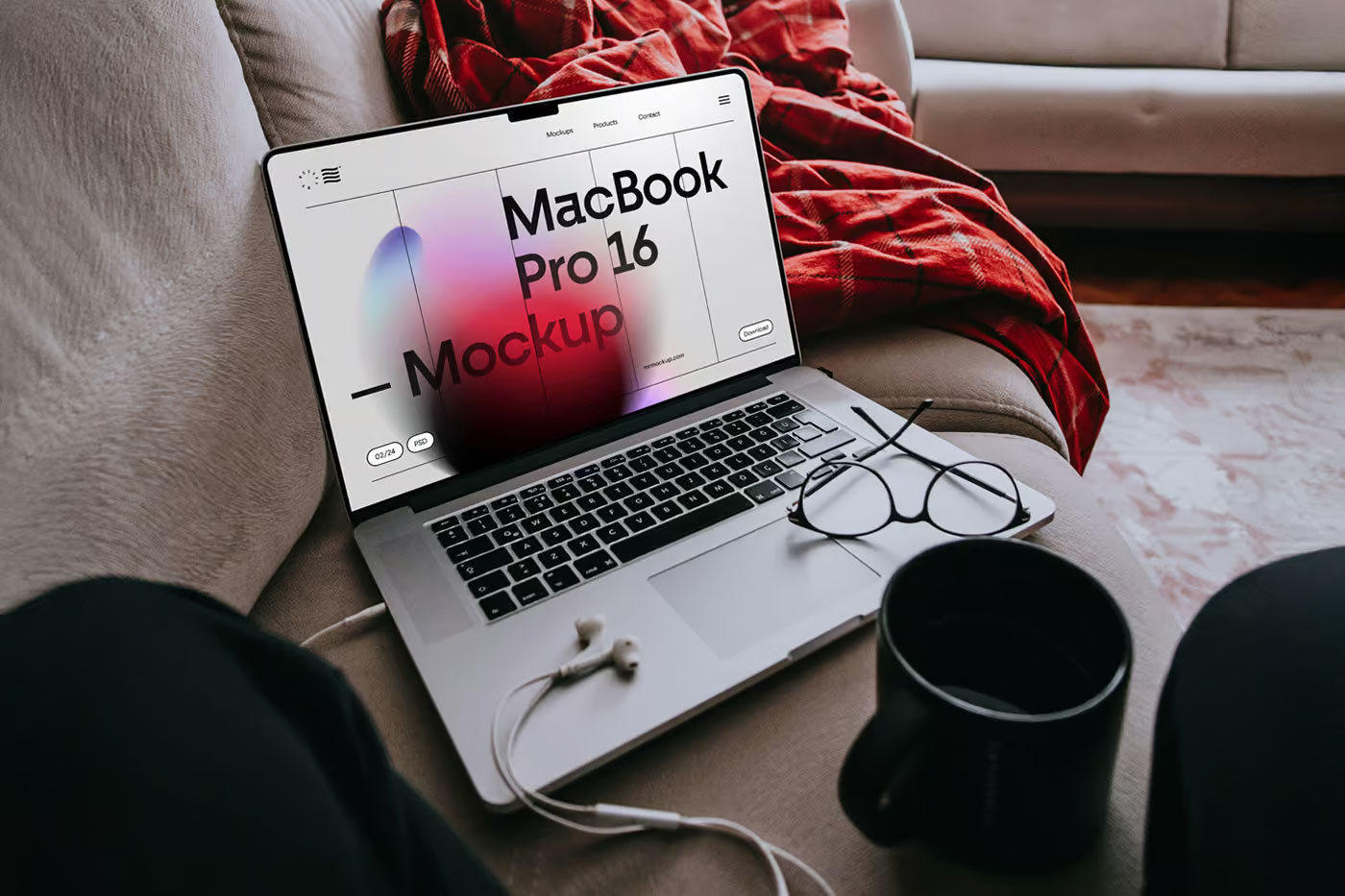 Free MacBook Pro Laying on Couch Mockup PSD Template