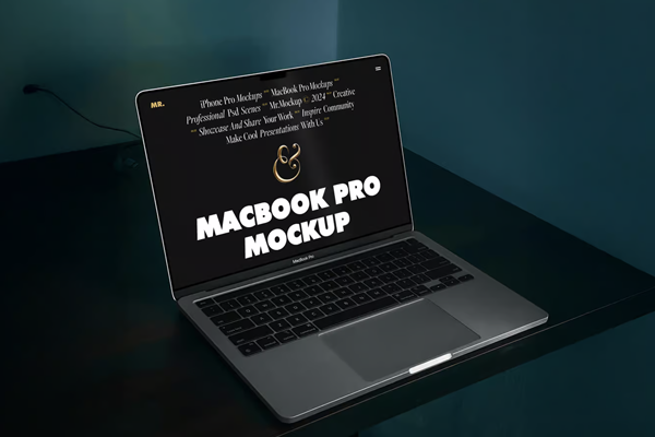 Free MacBook Pro on Black Table Mockup PSD Template