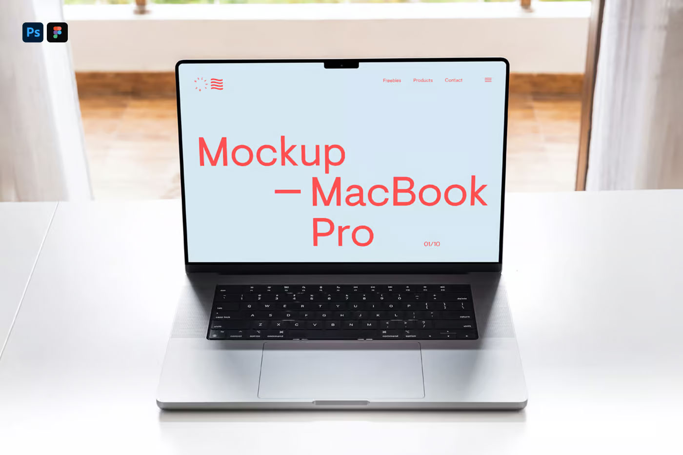 Free MacBook Pro on White Table Mockup PSD Template