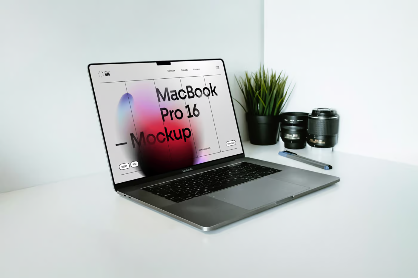 Free MacBook Pro on Wood Desk Mockup PSD Template