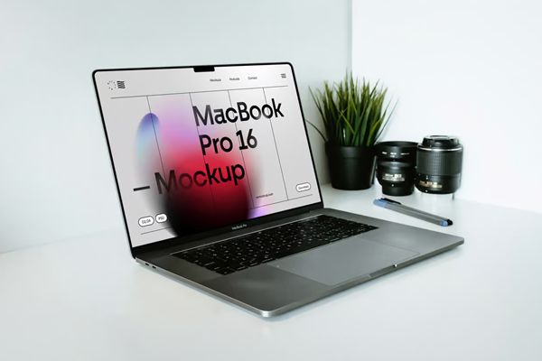Free MacBook Pro on Wood Desk Mockup PSD Template