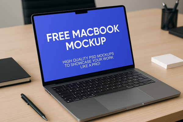 Free MacBook with Notch on Desk Mockup PSD Template