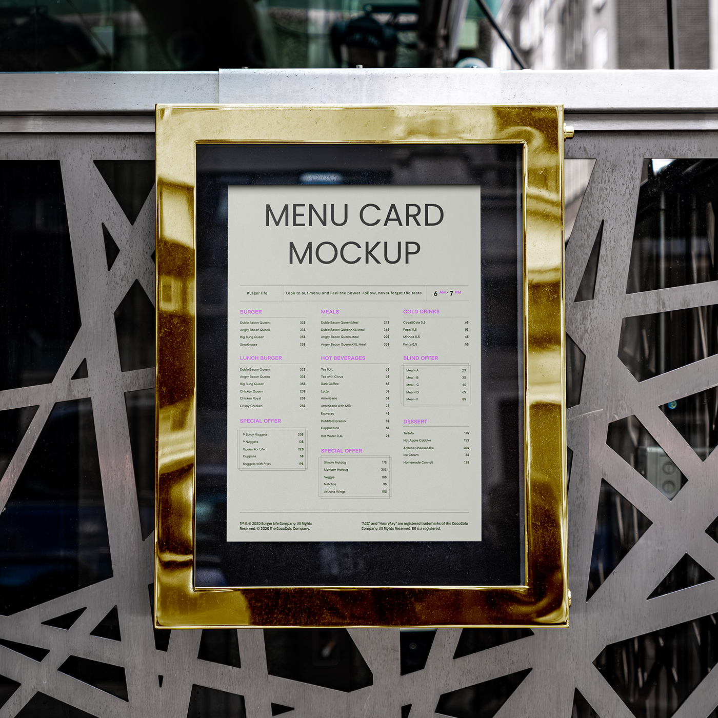 Free Menu Card on Metal Fence Mockup PSD Template