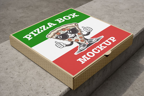 Free Pizza Box on Low Wall Mockup PSD Template