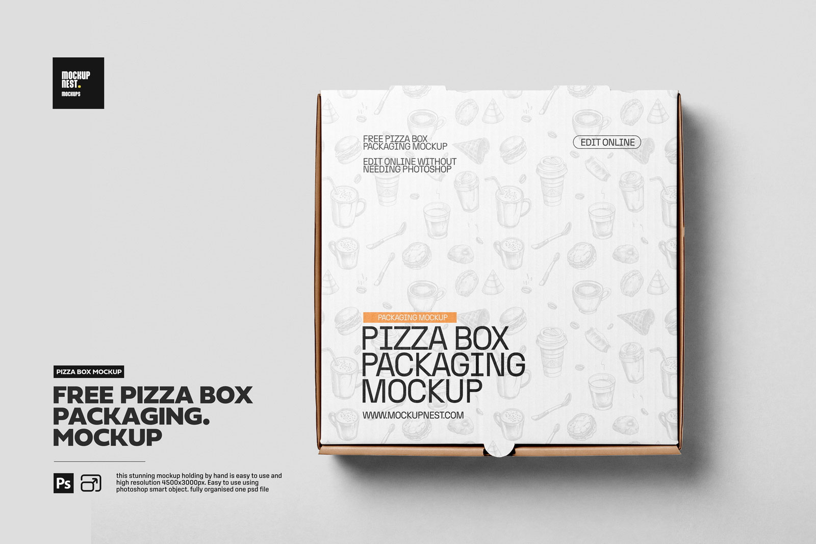 Free Pizza Box Packaging Mockup PSD Template