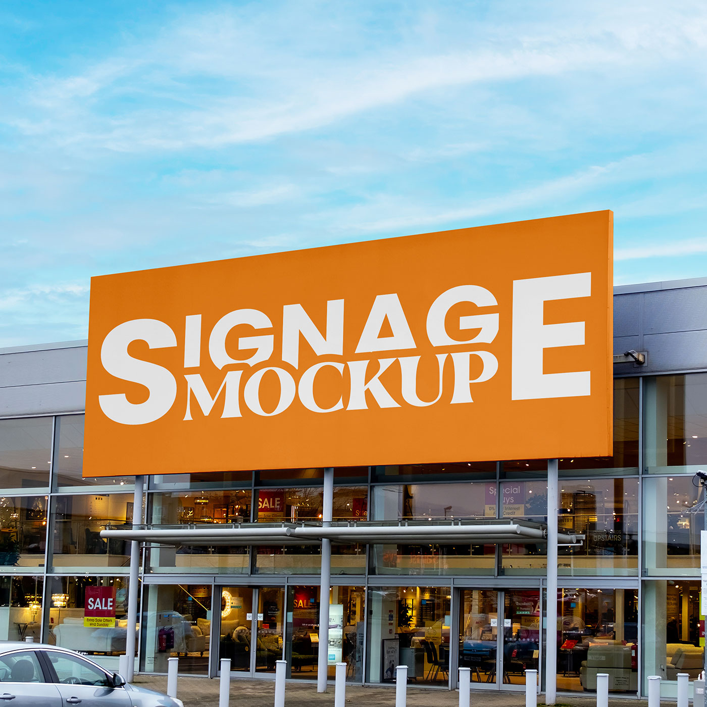 Free Signage on Big Shop Mockup PSD Template
