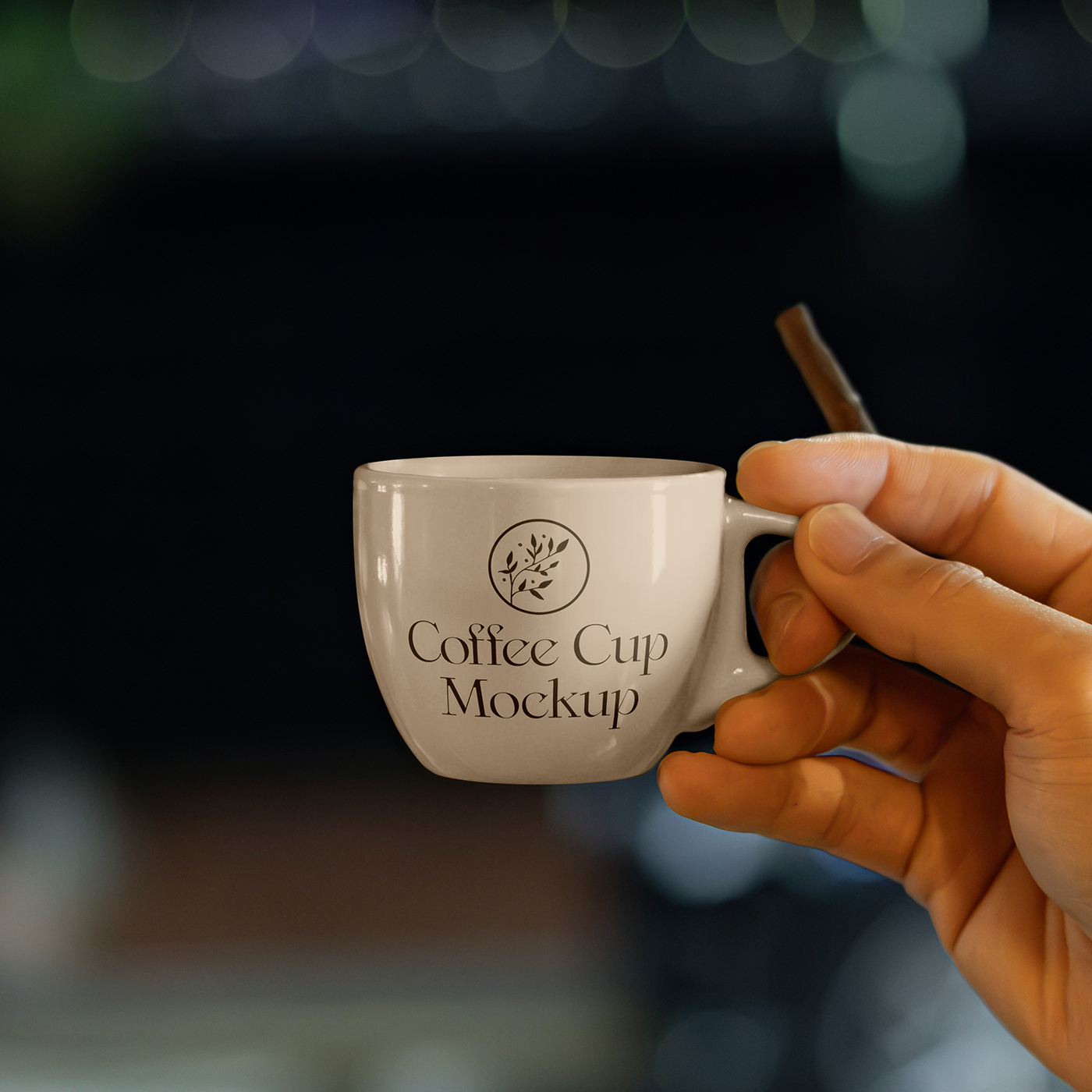 Free Small Porcelain Cup in Hand Mockup PSD Template