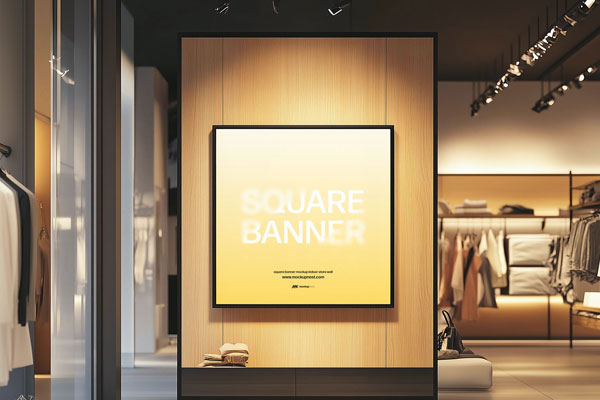 Free Square Banner Mockup Inside Store Wall PSD Template