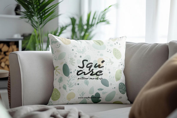 Free Square Pillow Mockup on Couch PSD Template