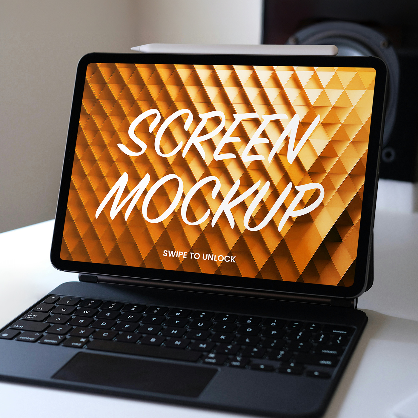 Free Tablet on Keyboard Stand Mockup PSD Template