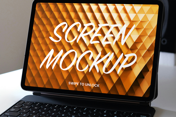 Free Tablet on Keyboard Stand Mockup PSD Template