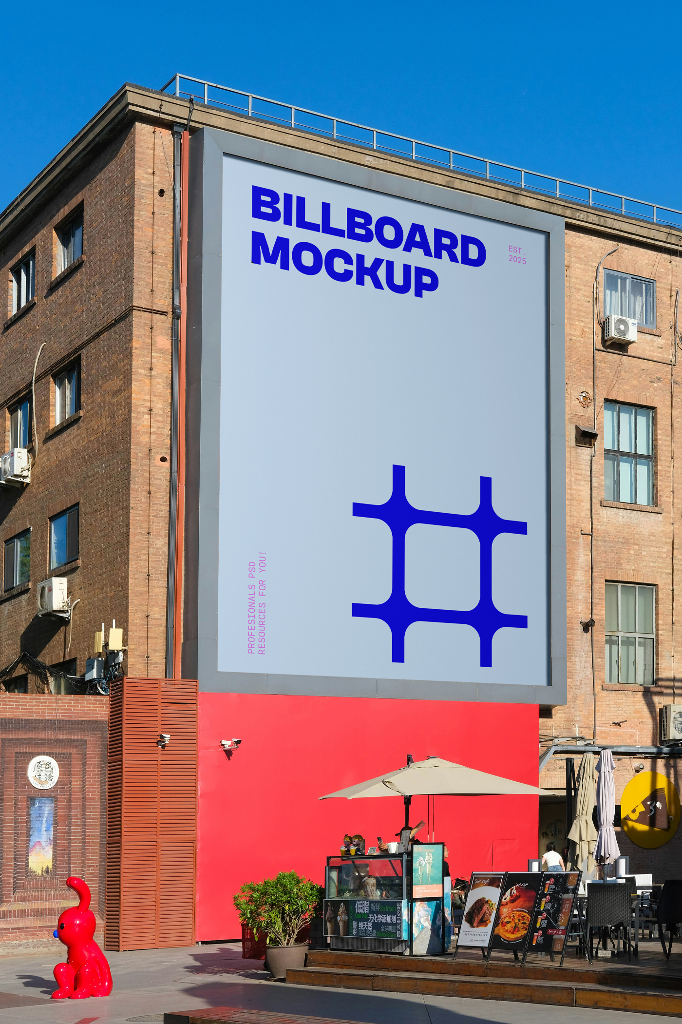 Free Vertical Billboard on Brick Building Mockup PSD Template