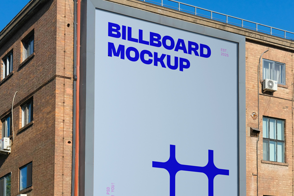 Free Vertical Billboard on Brick Building Mockup PSD Template