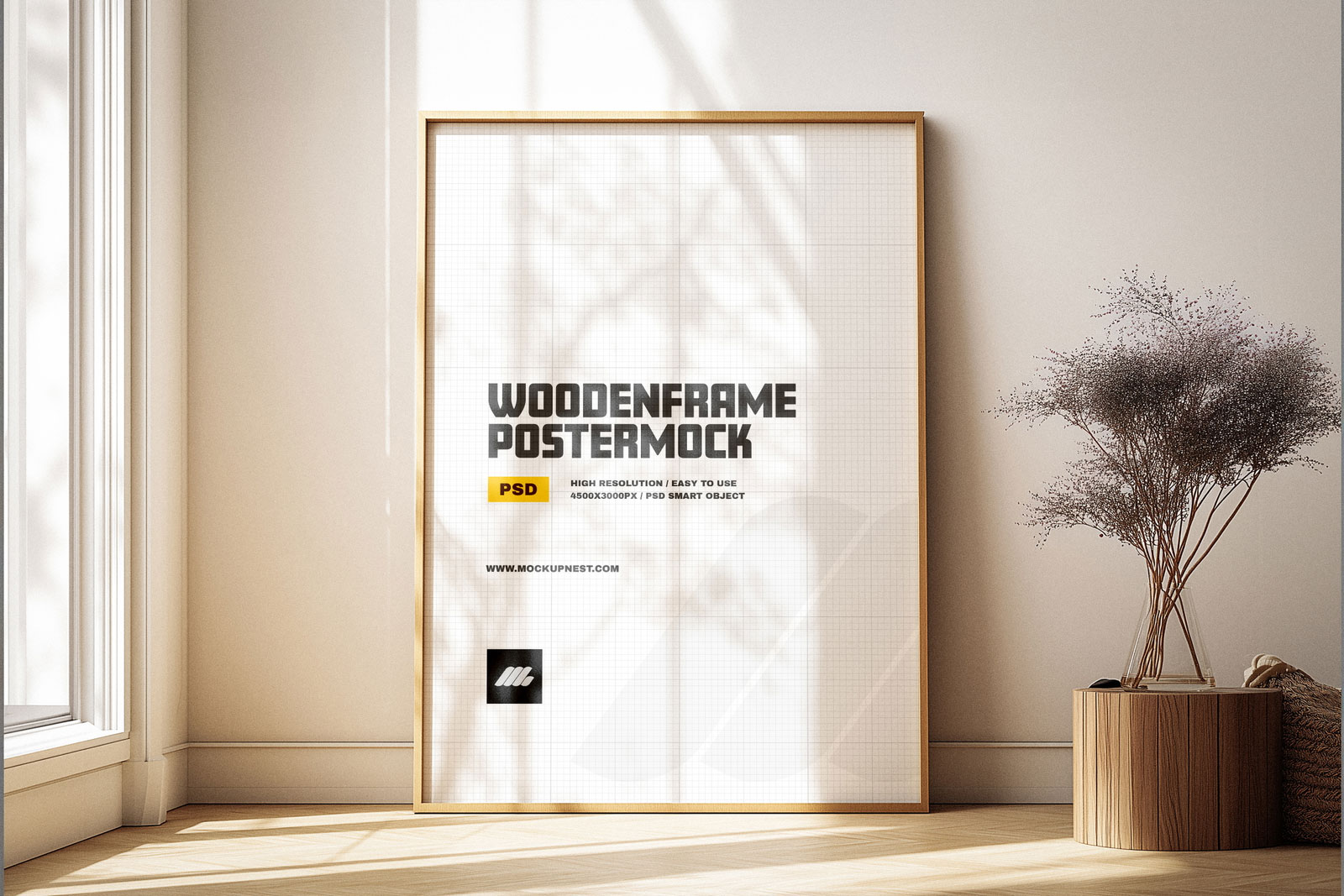 Free Wooden A2 Poster Frame Mockup PSD Template