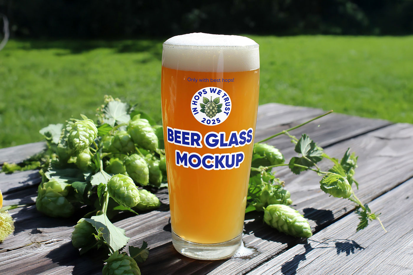 Free Beer Pint with Hops Mockup PSD Template